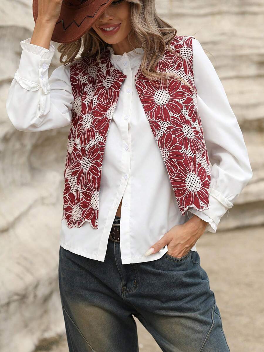 GENKIRA Chaleco/chaqueta de cuello redondo con decoración de bordado y bloques de color en un estilo elegante y aleatorio para el diario - Burdeos - Ver 1