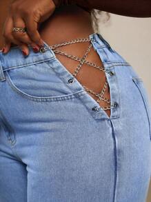 SHEIN SXY Jeans sueltos casuales rectos con diseño de cadena de ojales para mujer de talla grande