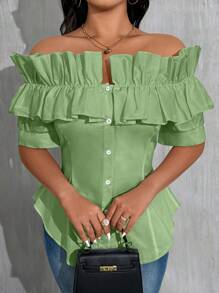 Maweii Áo cánh hở vai đơn giản màu trơn cỡ lớn cho nữ có bèo nhún - Màu xanh Bạc hà - Xem 4