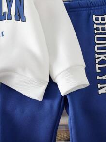 SHEIN Leap Crew 2 件装女婴字母图案羊毛运动衫和喇叭裤套装，加厚冬季套装 - 白色 - 查看 7