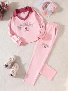 Tween Girl Color Block Sports English Embroidered Shirt And Pants Set - Pink - View 1