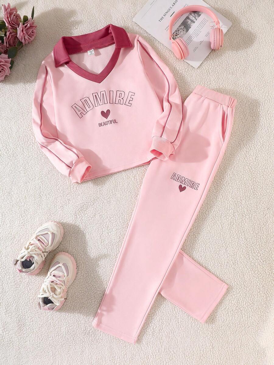 Tween Girl Color Block Sports English Embroidered Shirt And Pants Set - Pink - View 1