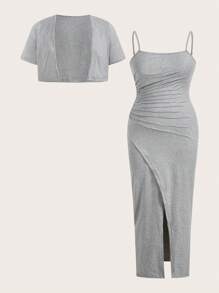 Flirla Bộ 2 món áo hở phía trước tay ngắn màu trơn mùa hè cỡ lớn cho nữ và váy yếm nhún bèo thường ngày - Xám - Xem 1