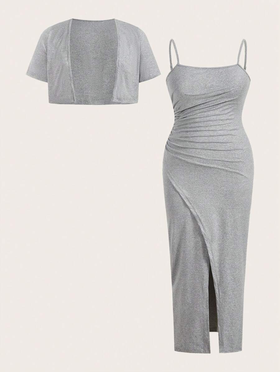 Flirla Bộ 2 món áo hở phía trước tay ngắn màu trơn mùa hè cỡ lớn cho nữ và váy yếm nhún bèo thường ngày - Xám - Xem 1