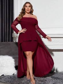 Coutiva Đầm dự tiệc tay dài trễ vai màu đỏ tía cỡ lớn, Đầm dự tiệc cho khách dự tiệc cưới Giáng sinh, Đầm dạ hội - Màu Đỏ Sâu - Xem 4