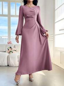 Modelyn 女士纯色仿珍珠装饰长袖褶皱阿拉伯朴素连衣裙长款晚礼服