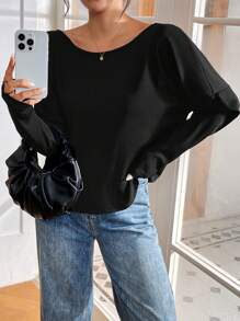 SHEIN Clasi 都市时尚纹理针织高领珍珠链蝙蝠袖露背 T 恤，女款，秋冬 - 黑色 - 查看 5