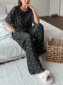 DAZY مجموعة بيجامات كاجوال مطبوعة بالفيونكة