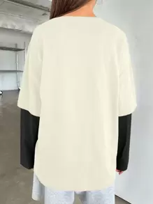 DAZY Women's Round Neck Drop Shoulder Contrast Color Casual Loose Long Sleeve T-Shirt, Spring/Summer