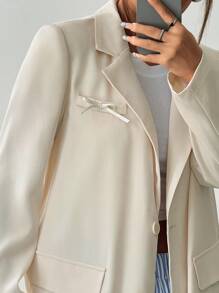 SHEIN Unity 女士纯色缺口领长袖休闲办公夹克，春秋装 - 杏色 - 查看 5