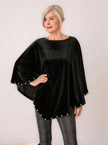 Miaspire Women's Oversized Crew Neck Batwing Sleeve Faux Pearl Decor Casual Blouse, Spring And Summer
