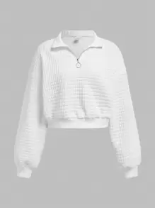 SHEIN Girlism Áo nỉ ngắn có khóa kéo cổ đứng dệt kim màu trắng trơn thường ngày dành cho bé gái tuổi teen - trắng - Xem 1