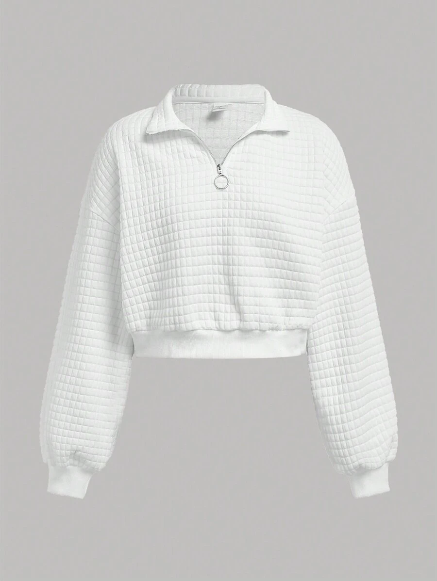 SHEIN Girlism Áo nỉ ngắn có khóa kéo cổ đứng dệt kim màu trắng trơn thường ngày dành cho bé gái tuổi teen - trắng - Xem 1