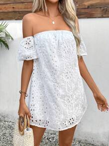 Breezaya 女式夏季纯色露肩镂空刺绣图案迷你短款度假海滩装