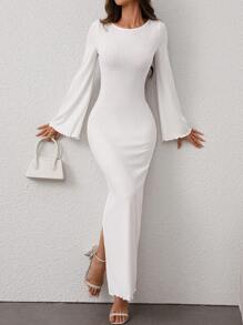 SHEIN Privé Women's Solid Color Backstrap Long Sleeve Split Slim Dress - White - View 4