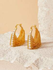 SHEIN 女士 18k 镀金方晶锆石微镶嵌流苏耳环，时尚珠宝 - 金黃色 - 查看 2