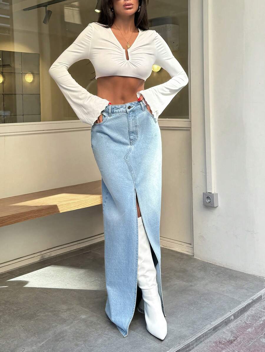 SAIA MAXI FEMININA SAIA CINTURA ALTA - Lavagem Média - Ver 1