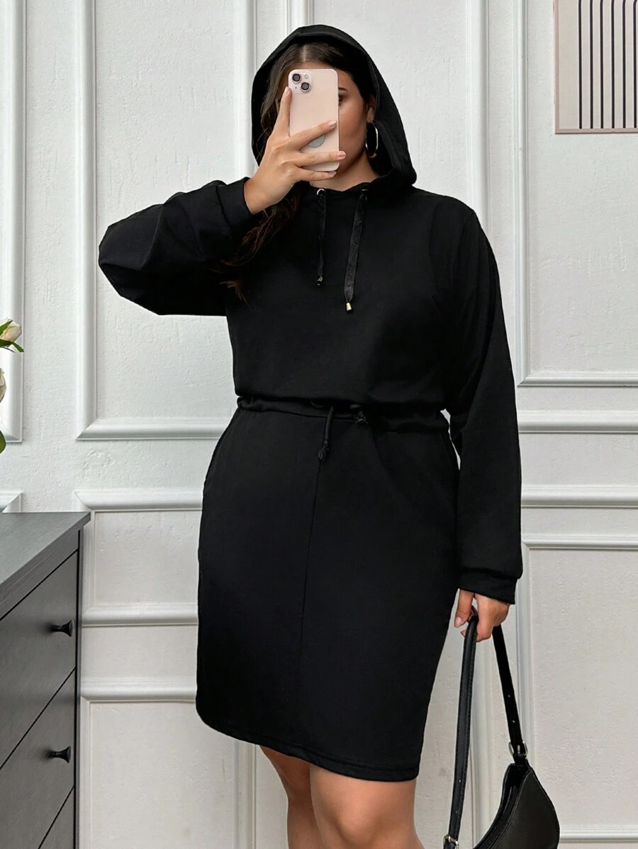 RueChic Plus Size  Solid Drawstring Hooded Sweatshirt Dress - Black - View 1