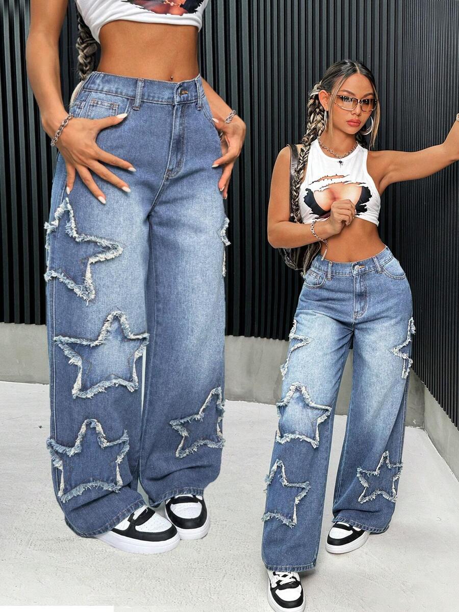 SHEIN PETITE Women's Y2k Jeans, Casual Loose Wide Leg Jeans With Star Patchwork,Wide Leg Pants, Back To School Clothes,4th Of July Clothes,Blue Baggy Jeans,Blue - Medium Wash - View 1