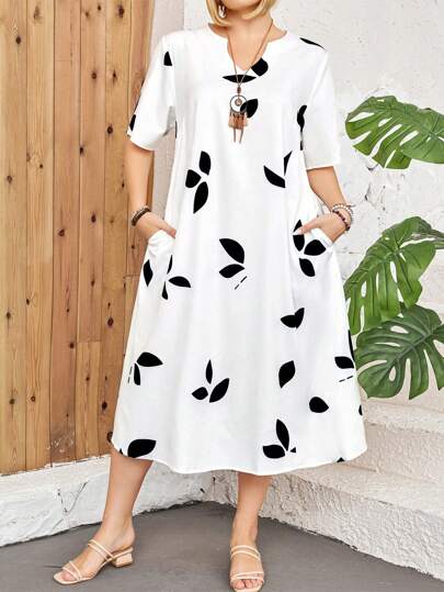 加大码优雅树叶 V 领短袖连衣裙长款女装