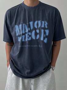 DAZY 男士夏季休闲标语印花短袖 T 恤返校 - 藏蓝色 - 查看 7