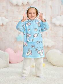 Young Girl Blue Minimalist Cute Elephant Print Long Sleeve Hooded Warm Pajama Nightgown Sleepwear