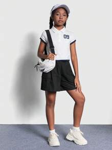 SHEIN Tween Girl Knitted Patchwork Number Print Polo Neck Short Sleeve T-Shirt - Blue and White - View 4