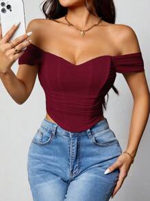 SHEIN PETITE 女款純色露肩百褶極簡上衣，休閒日常穿著，適合嬌小女性 - 酒紅色 - 查看 6