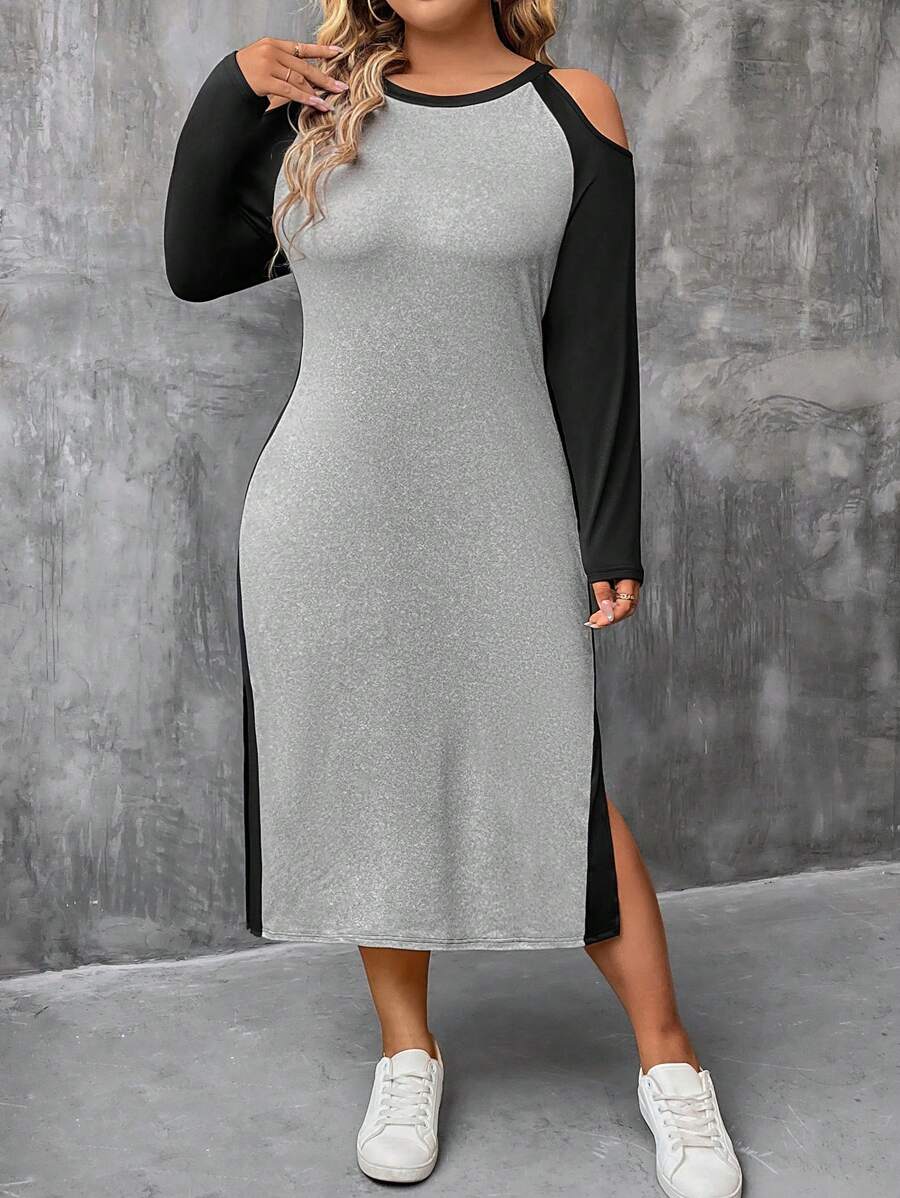 SHEIN LUNE فستان كاجوال كتف مفتوح مع شق جانبي ، مقاس كبير ، ربيع وخريف