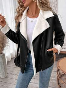 SHEIN LUNE Women Casual Solid PU & Fuzzy Lining Jacket, Autumn & Winter - Black and White - View 1