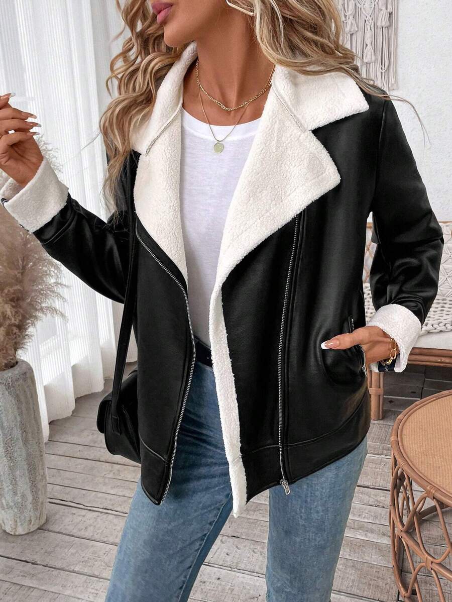 SHEIN LUNE Women Casual Solid PU & Fuzzy Lining Jacket, Autumn & Winter - Black and White - View 1