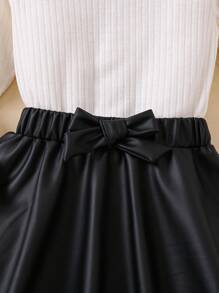 2 piezas Conjunto elegante para niña joven: Blusa de manga larga blanca con cuello alto y falda negra con decoración de lazo - Rojo - Ver 4