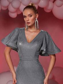 SHEIN Belle Elegant And Gorgeous Silver Glitter Elastic Powdered Woven Fabric Deep V-Neck Exaggerated Ruffle Sleeves Hip-Wrapped Back Slits Suitable For Evening Parties, Dating And Cocktail Dresses, Prom Semi Formal Dress, For Birthday, Wedding Guest, Graduation, Dinner, Homecoming - Silver - View 6