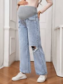 SHEIN Adjustable Waist Distressed Straight Loose Maternity Jeans - Medium Wash - View 6