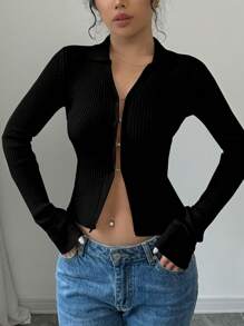 Selianne 女士休闲翻领喇叭袖修身开衫，秋季，长袖上衣 - 黑色 - 查看 6