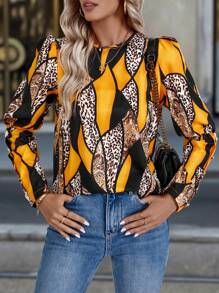SHEIN LUNE Autumn Leopard Print Patchwork Elegant Fashion Shirt - Multicolor - View 4