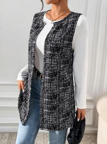 SHEIN Essnce 秋冬女士纽扣式无袖休闲日常开衫 - 黑色 - 查看 1