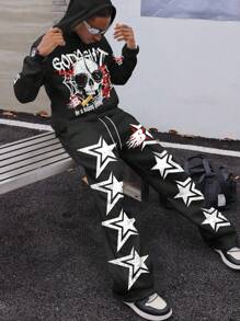 Manfinity Roghcode Manfinity Streetrush Men's Skull Graphic Print Hoodie Sweatshirt And Sweatpants Sport Set - Black - View 2