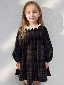 Blossori 年轻女孩优雅法式棕色格子荷叶边宽松长袖编织连衣裙，秋冬 - 棕色 - 查看 1