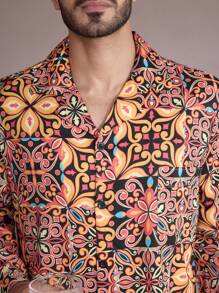 Manfinity ChillVibe Men's Lapel Neck All-Over Print Long Sleeve Top & Pants Casual Loungewear Set - Multicolor - View 4