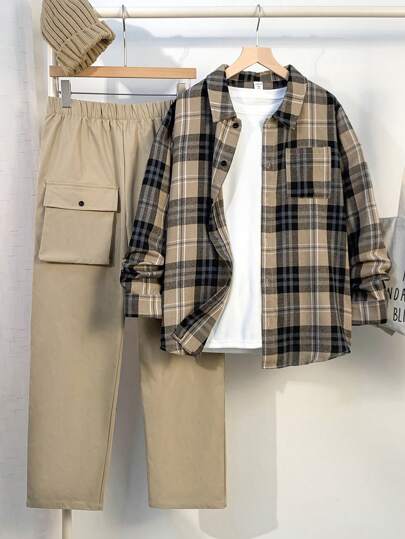 SHEIN 2 件青少年男童休闲格子领衬衫和工装裤套装，适合秋季、冬季、学院、休闲、运动、生日派对、户外、百搭和简约