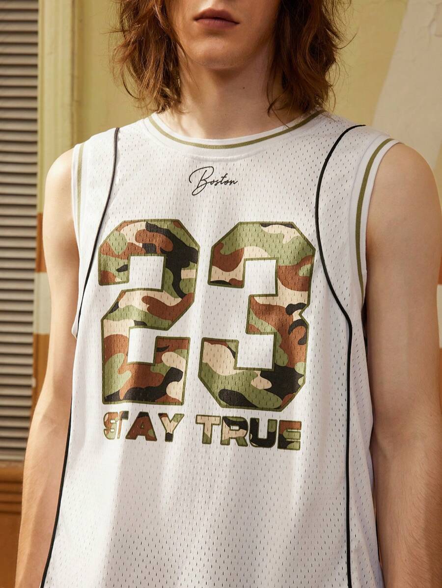 SHEIN Basketball 男友风格男士迷彩数字印花圆领日常健身运动背心返校健身服徒步服短款汗衫纯色 T 恤 - 白色 - 查看 1