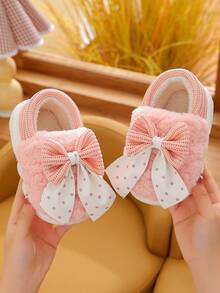 1 双女童蝴蝶结毛绒平底可爱儿童室内拖鞋，适合冬季 - 粉色 - 查看 5