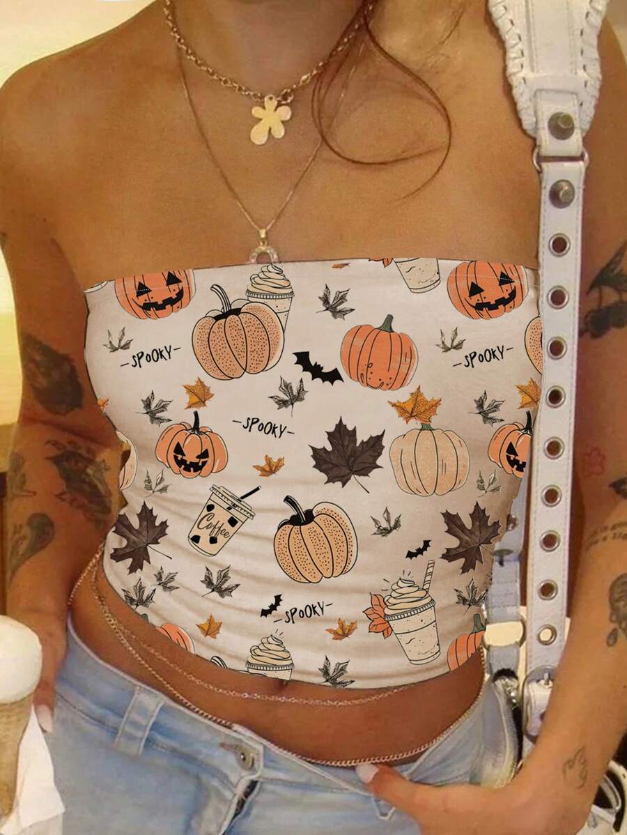 SHEIN ICON Dames Letter & Pompoen Print Vormvaste Tube Top, Zomer