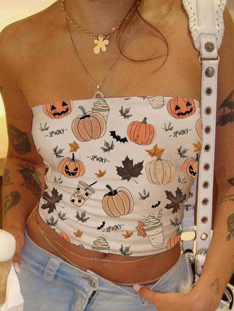 SHEIN ICON Parte superior tubo ajustada con estampado de letra y calabaza, verano