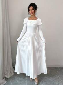 Elenzga 女式春夏纯色针织长袖不对称系带领优雅连衣裙长款女装 - 白色 - 查看 4