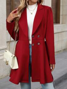 SHEIN Clasi Women's Solid Color Ruched Collar Puff Sleeve Elegant Regular Jacket For Autumn/Winter - Burgundy - View 7