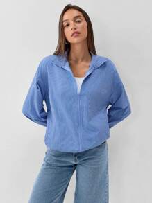 SHEIN Unity American Style Blue & White Plaid Zip-Up Loose Jacket - Blue - View 1