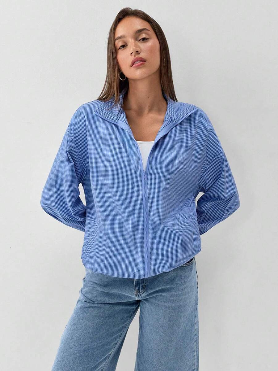 SHEIN Unity American Style Blue & White Plaid Zip-Up Loose Jacket - Blue - View 1