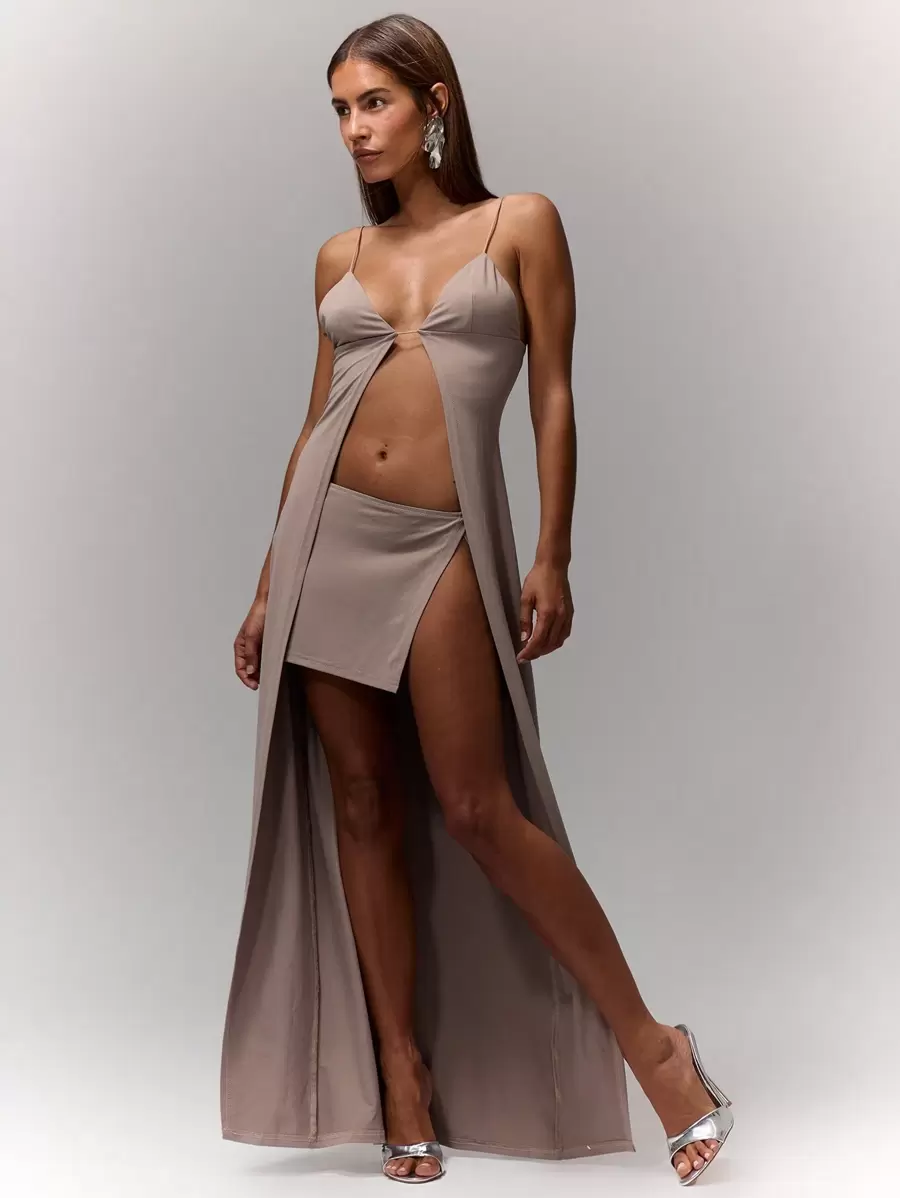 MUSERA Extreme Longline Split Top Going Out TopsVacation Spring Summer Elegant Sexy Festival Holiday - Coffee Brown - View 1